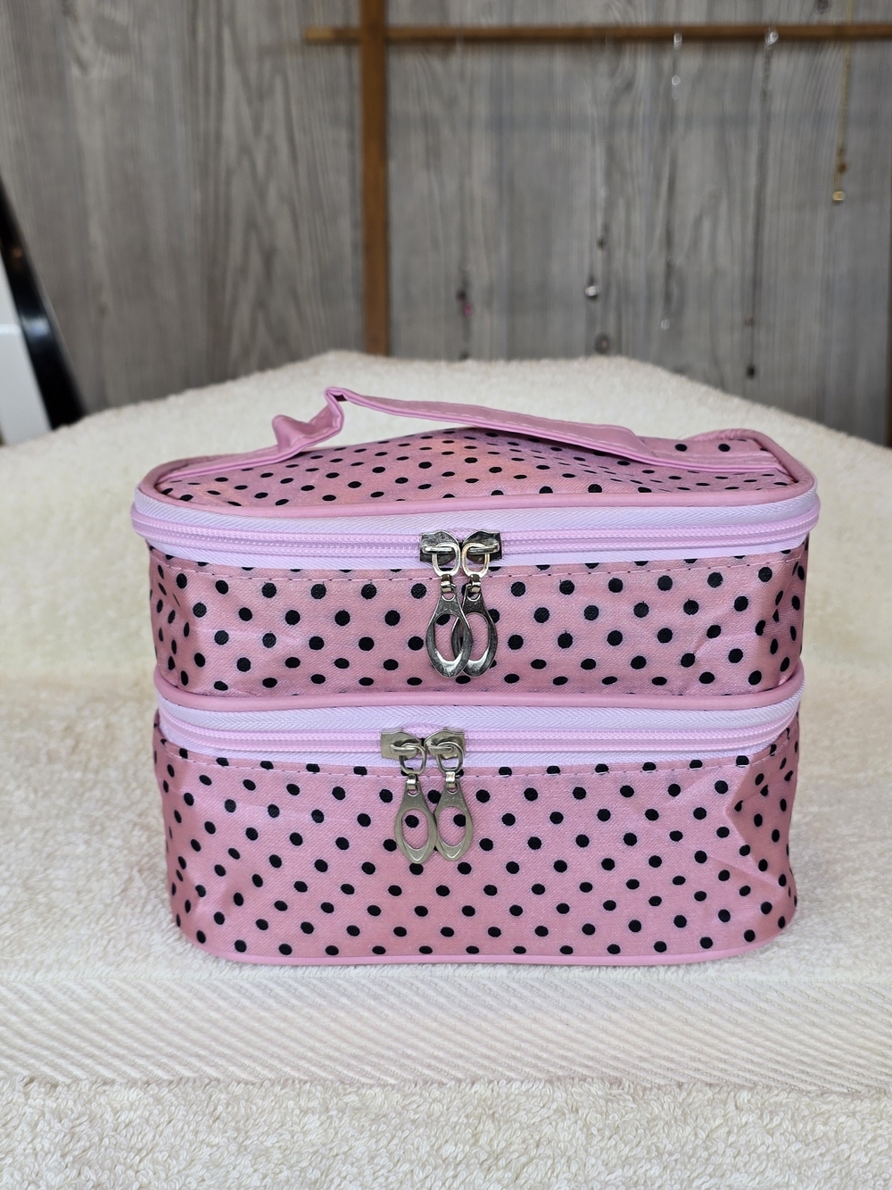 Pink Polka Dot Double-Deck Cosmetic Train Case